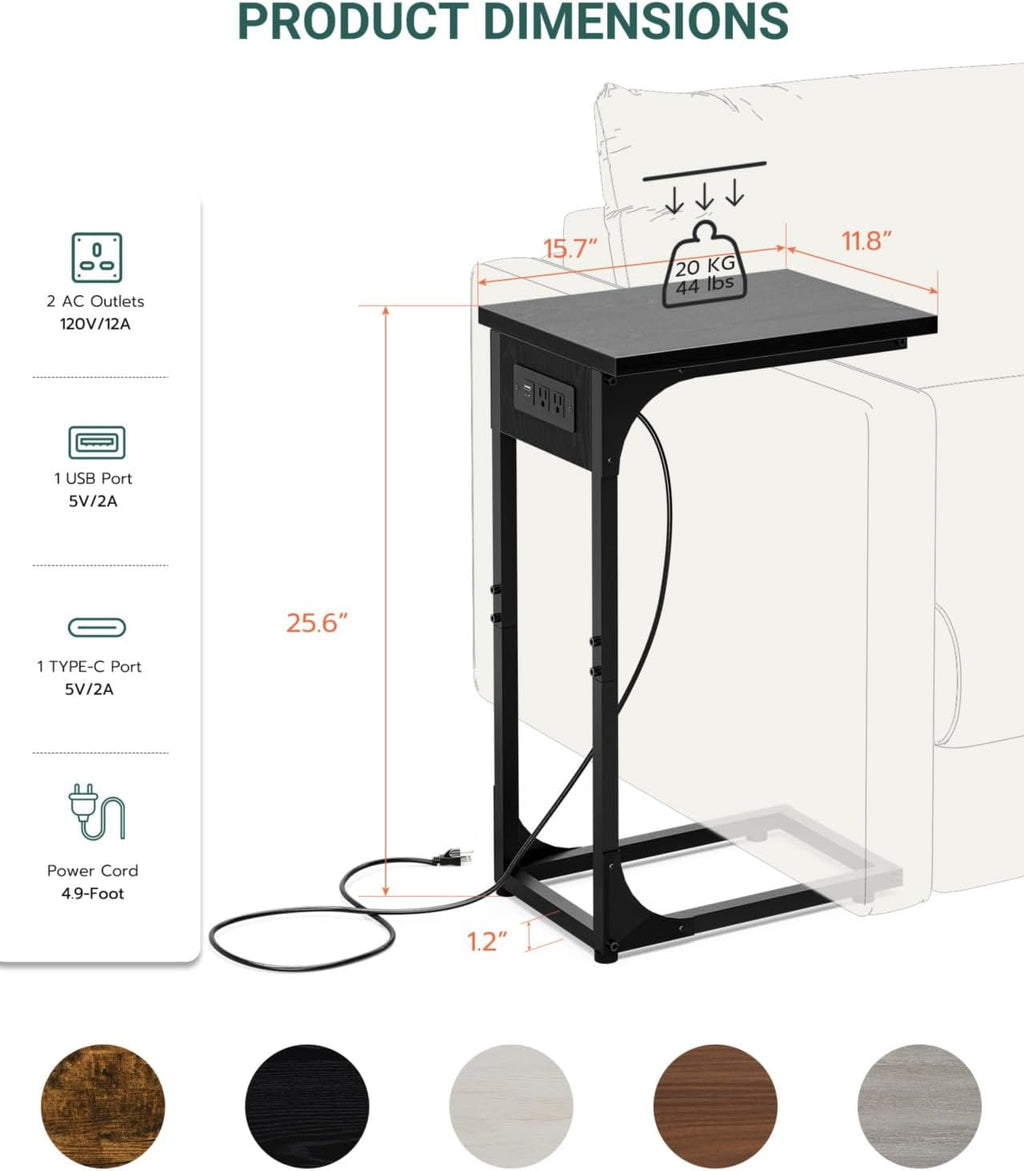 C-Shaped Side Table for Couch - Small Coffee Stand Sofa Tray Desk with Metal Frame Waterproof Scratch Resistant Wood Top and Built-in Charging Station, Black - Image 2