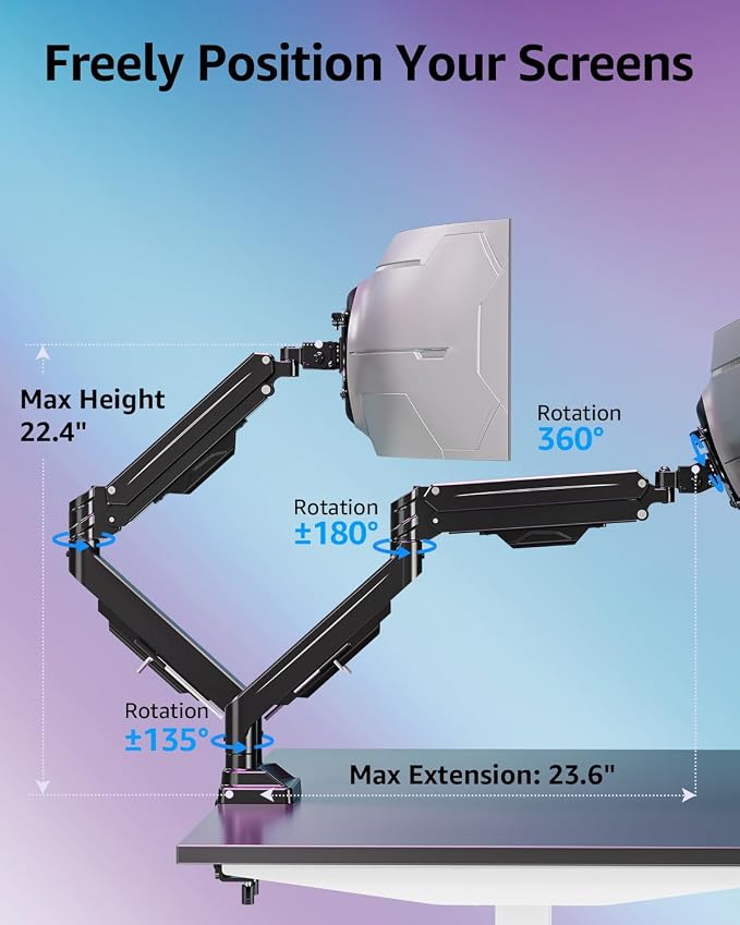 MOUNTUP Dual Monitor Stand for Max 43 inch Screens, Ultrawide Monitor Arm Height Adjustable, Heavy Duty Dual Monitor Mount, Full Motion Premium Monitors Arm, Holds 2.2 to 33 lbs, VESA Desk Mount - Image 7