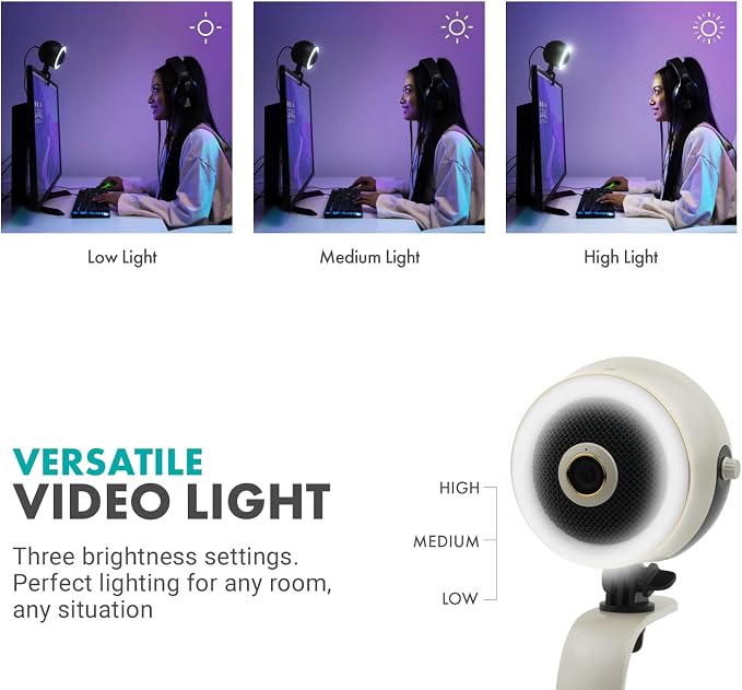 Movo WebMic HD Pro All-in-One Webcam with Mic and Ring Light in Pearl White- 1080p HD Camera, Pro Cardioid Condenser Microphone, LED Ring Light -HD Webcam For Streaming, Video Calls, Recording, Gaming - Image 6