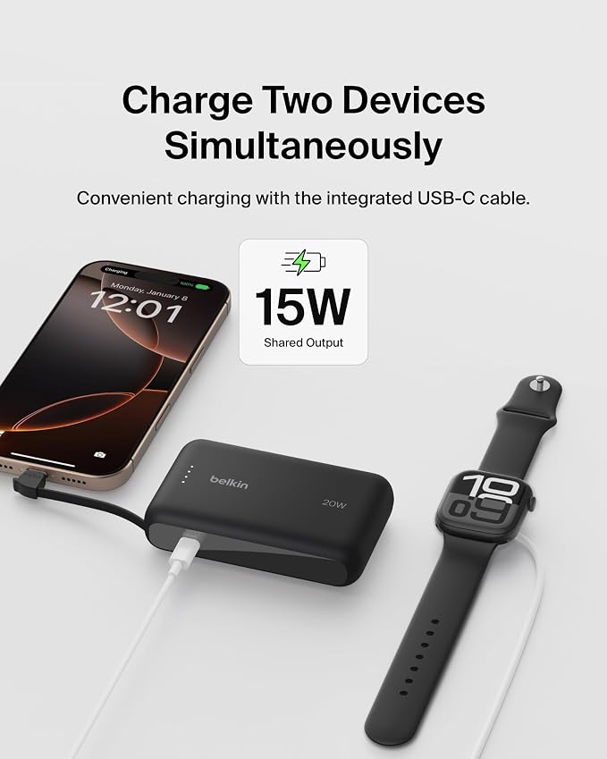 Belkin 10000mAh 20W USB C Power Bank, Portable Charger for iPhone & iPad | Fast Charging, Integrated USB C Cable, Eatra USB C Port, iPhone 17, iPad, Samsung Galaxy S26, Charge 2 Devices - Image 6