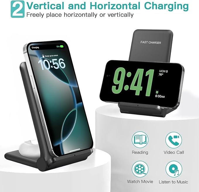 25W Wireless Charger,Foldable 2 in 1 Wireless Charging Station for Apple iPhone 16/16 Pro/15/14/13/12/11/Plus/SE/X/Airpods,PDKUAI 15W Fast Dual Wireless Induction Charge Stand for Samsung/LG - Image 2