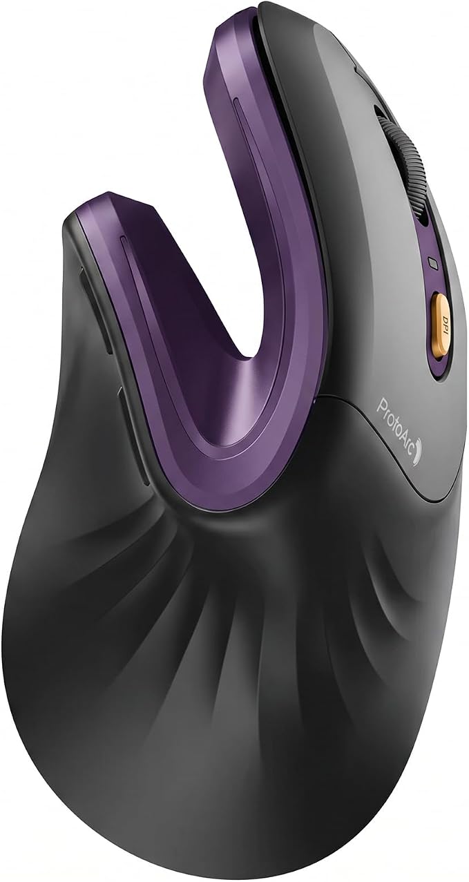ProtoArc EM11 NL Wireless Ergonomic Mouse, Rechargeable, Black Purple | 58° vertical design supports a natural wrist posture, connect 3 devices via Bluetooth/2.4G USB-A, 500mAh USB-C rechargeable. by ProtoArc