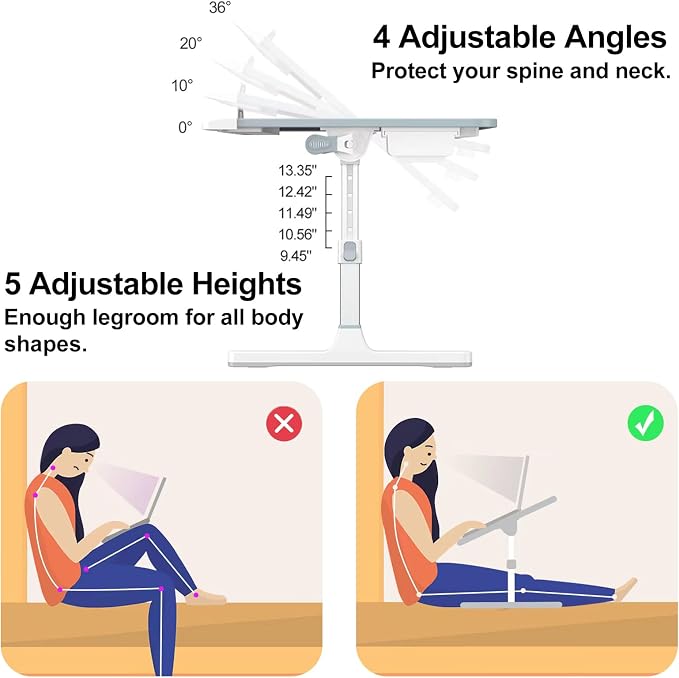 HETTHI Laptop Desk for Bed, Adjustable Bed Table with Leather Desktop, Foldable X-Large Laptop Bed Trays with Drawer for Bed Couch Floor Writing Working Reading Eating Painting (Gray, 23.6"×15.7") - Image 2
