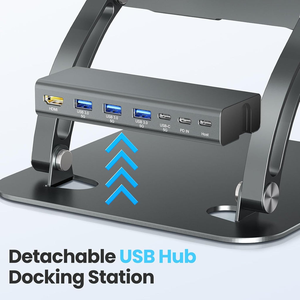 tounee Laptop Stand with Detachable USB-C Hub, 100W PD Charging, 4K@60Hz HDMI, 3 USB Ports, Ergonomic Laptop Holder Docking Station for 10-17" Laptops, MacBook & More - Gray - Image 2