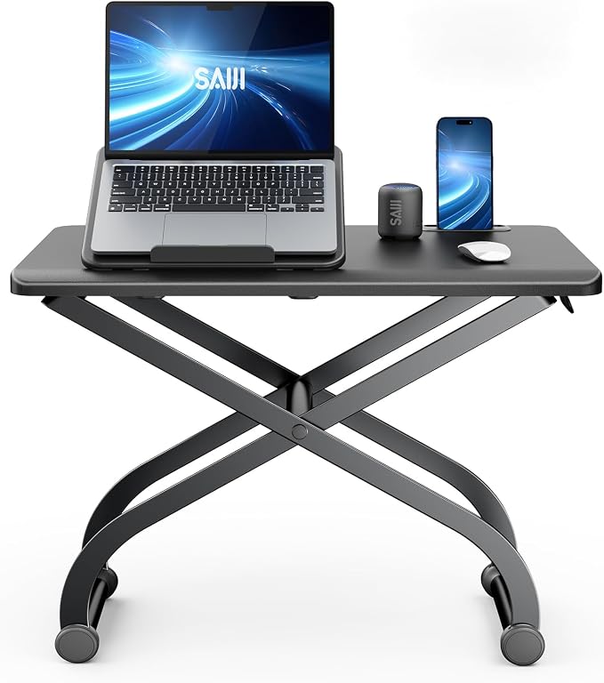 SAIJI Metal Small Laptop Desk Standing Converter Adjustable Desk Riser | 23" Height & Angle Adjustable Laptop Desk for Table, Sit-Stand Workstation, Table Extender for Desk by SAIJI