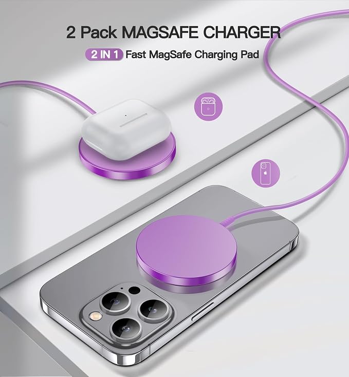 Magnetic Wireless Charger, 2-Pack 15W Fast Mag-Safe Stand for iPhone 17-12 | Fast Magnetic Wireless Charging Pads for iPhone 17/17 Air/17 Pro/17 Pro Max, 16/15/14/13/12 Series and AirPods(Purple） - Image 3