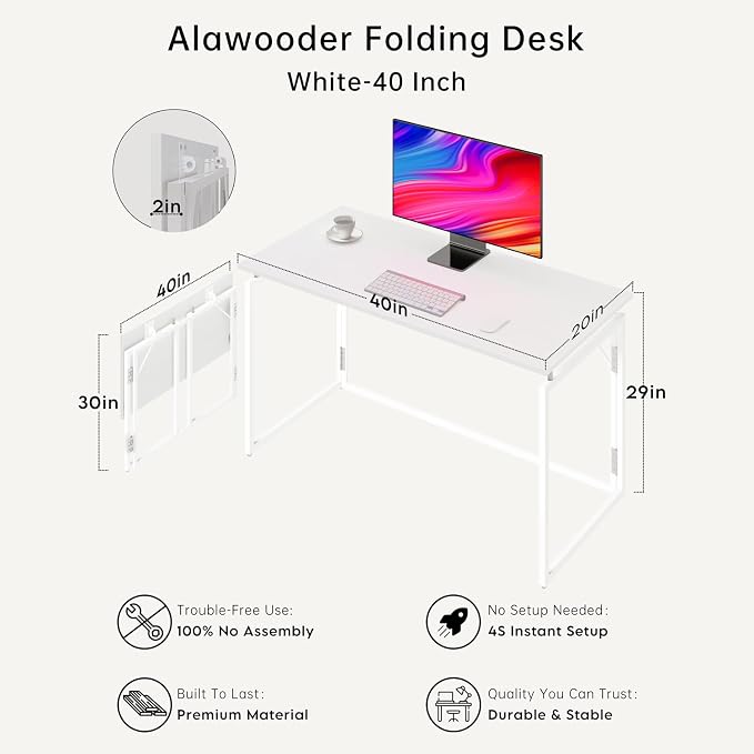 39.4" Folding Desk: No Assembly, Wood Top for Small Spaces | 39.4 in dual-monitor workspace, holds 150 lbs, folds flat to 2.3 in, splash-proof top, home office or gaming - Image 3