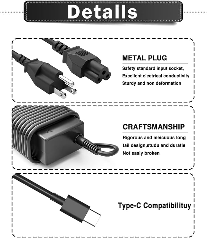 NELEBUTO 45W USB C Laptop Charger Compatible with Chromebook | Compatible with ThinkPad Latitude 5420 XPS Elite Specter X360 14-ca051wm 14-ca020nr 14-ca061dx Power Adapter - Image 6