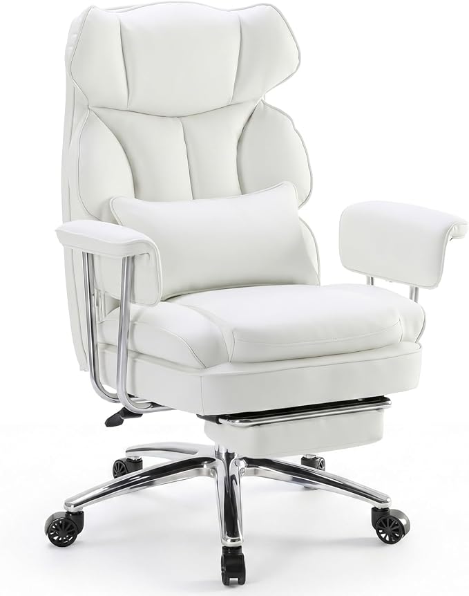 DUMOS Ergonomic Home Office Desk Chair, Executive Chair, PU Leather | Big Tall High Back, Lumbar Support, Reclining Height Adjustable, Computer Gaming, Footrest Swivel Wheels, Snow White - Image 3