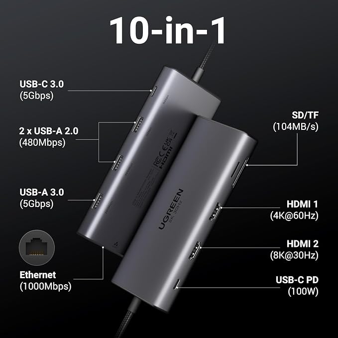 UGREEN USB C Docking Station Dual Monitor, 10-in-1 Laptop Dock with 2 HDMI | 2x HDMI, Single 8K, 100W PD, 1Gbps Ethernet, 4x 5Gbps USB-A/C Data, SD/TF, Revodok Pro Aluminum USB-C Dock for Dell/HP/Lenovo - Image 2