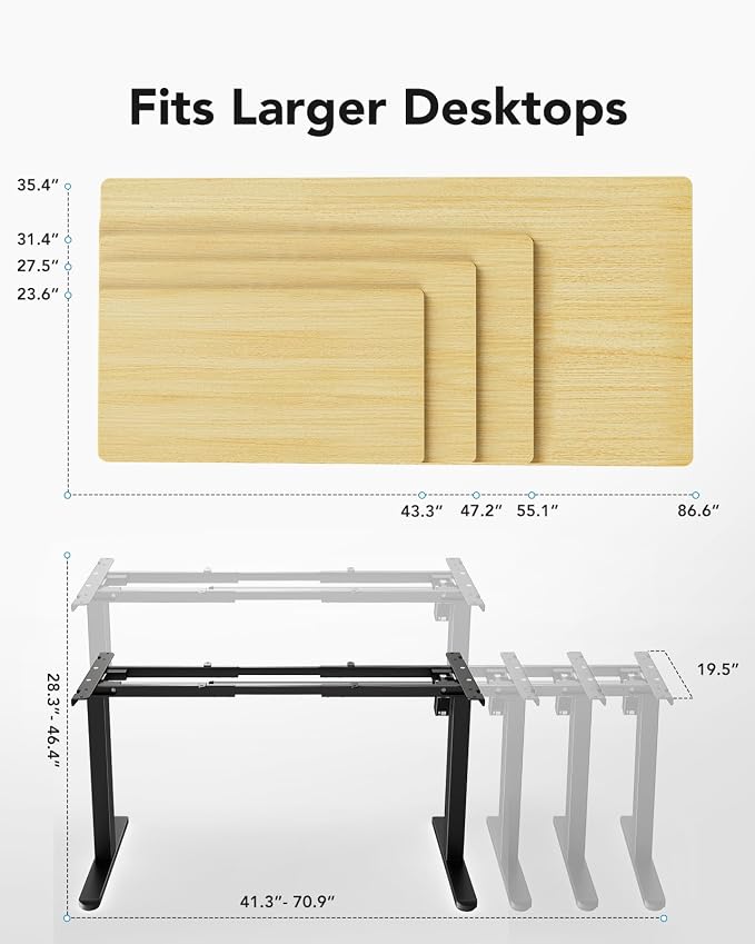 HUANUO Electric Standing Desk Frame with Double Crossbeam,Black Frame Only | Fits Max 35.4″ x 86.6″ Tops,Brushless Motor,220 lbs Capacity,4 Memory Heights,30% Thicker Legs,quiet operation - Image 2