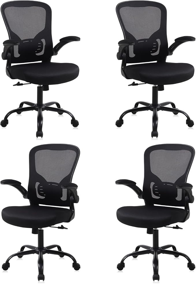 Flysky Mesh Office Chair, Ergonomic Computer Desk Chairs (Black, Set of 4) | Comfy/Comfortable Flip-up Arm Rests, Lumbar Support, Height Adjustable, 360 Degree Rolling Swivel for Home Office by showyourstyle