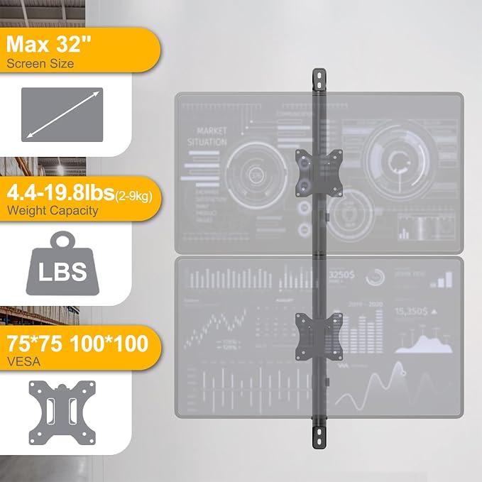 PUTORSEN Dual Monitor Wall Mount for 17-32 inch,Holds 19.8 lbs per Monitor | Vertical Stacked Monitor Wall Mount,32 Inch Extra Long Pole for Wide Height Adjustment,VESA 75x75/100x100mm,Black - Image 3