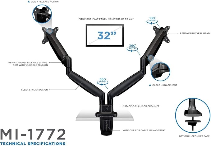Mount-It! Dual Monitor Arm Mount | Desk Stand | Two Articulating Gas Spring Height Adjustable Arms | Fits 2 x 24 27 29 30 32 Inch VESA 75 100 Compatible Screens | C-Clamp and Grommet Bases (Black) - Image 5