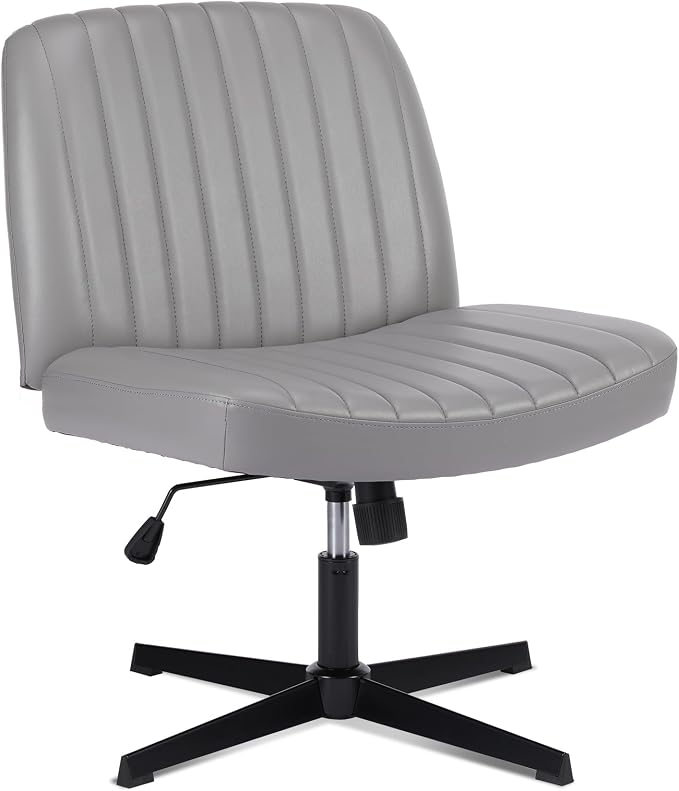 OLIXIS Criss Cross Chair, Vanity Chair, Home Office Desk | Armless No Wheels Wide Seat, Height Adjustable Swivel, Faux Leather, Bedroom Student Study, Grey Dual Base - Image 3