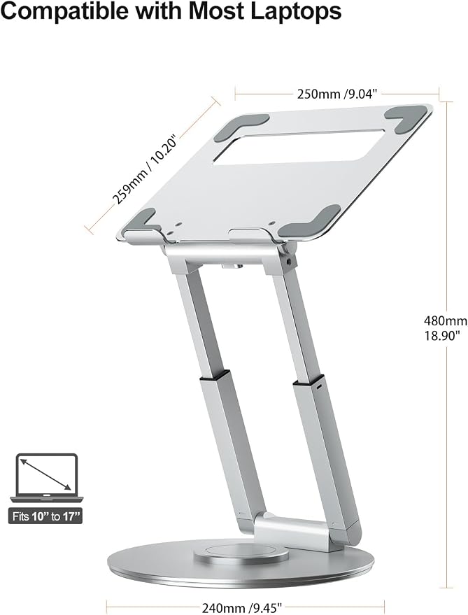 tounee Telescopic Laptop Stand for Desk with 360° Swivel Base, Sit to Stand, Height Adjustable, Portable Riser Holder for Good Posture, Compatible with All Laptops 10-17"-Silver - Image 4