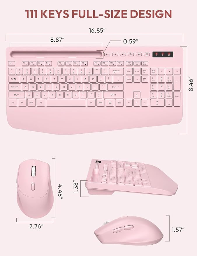 Wireless Keyboard and Mouse Combo, Full Size, Ergonomic Wrist Rest | 2.4G Lag-Free, 3-Level DPI, Phone Holder, Silent Typing, KM23D Batteries Powered Set for PC, Laptop, Windows, macOS (Pink) - Image 9