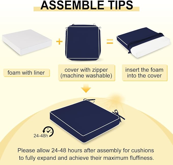 downluxe Waterproof Outdoor Chair Cushions Set of 2, 19" x 19" x 3" Patio Chair Cushion with Non-Slip Ties & Handle, Square Outdoor Cushion for Patio Furniture with Removable Cover, Navy/White - Image 7