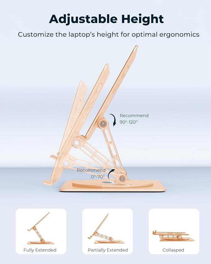 Aoviho 360° Rotating Laptop Stand for Desk | Adjustable, Foldable, Portable Aluminum Ergonomic Riser | Compatible with MacBook, Dell, HP & All Laptops 10-16 inch | Gold - Image 5