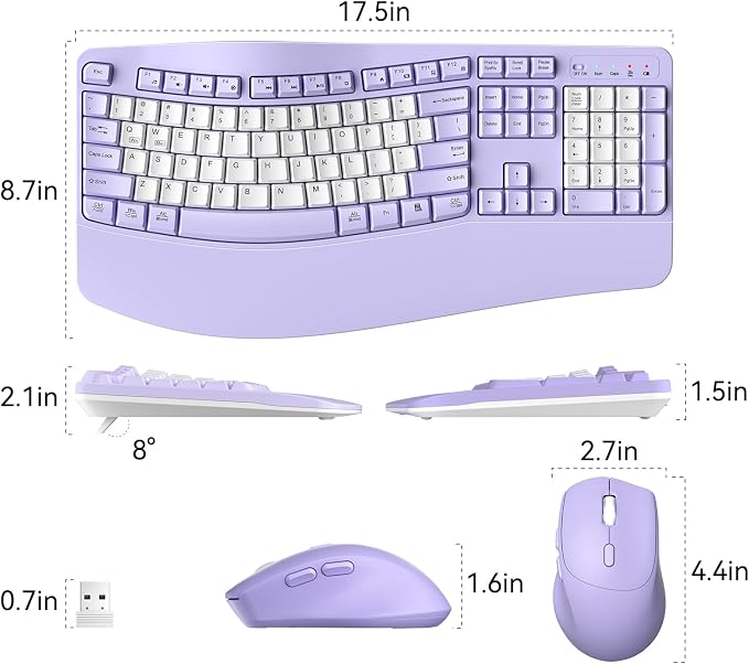 Wireless Keyboard and Mouse Combo,2.4G Ergonomic Wave Keys(Purple-B) | Full Size Cordless Keyboard with Wrist Rest,3-Level DPI Ergonomic Mouse for Office and Home,Windows/Mac OS/Desktop/Laptop/PC - Image 8
