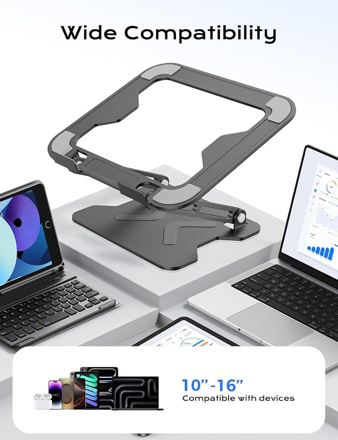 JCZT Adjustable Laptop Stand for Desk, Metal Foldable Laptop Riser, Black | Ergonomic Portable Laptop Stand, Ventilated Cooling Computer Notebook Holder for MacBook Air Pro, All 10-16'' Laptops - Image 5