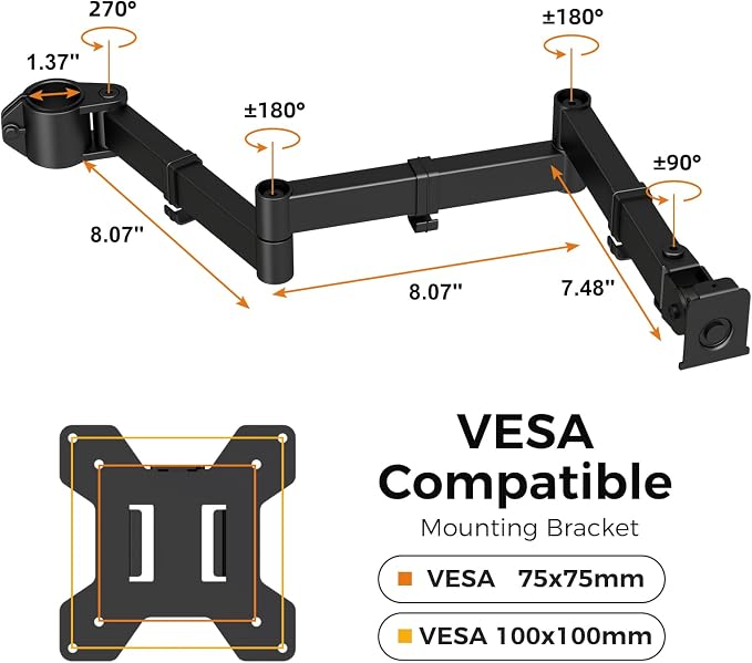 suptek Single Monitor Arm, Universal 3 Tier Arm Fully Adjustable Pole Mount Bracket Monitor Mounting for 13 to 27 inch Screen, Weight up to 22lbs, Mounting Holes 75x75mm to 100x100mm,Black - Image 4