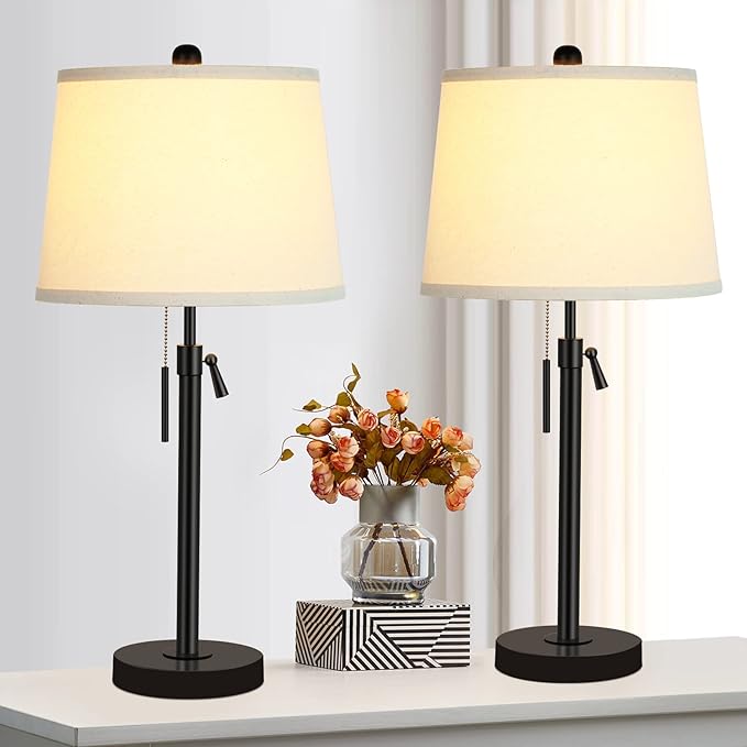 Bedside Table Lamps Set of 2: Tall Black Table Lamps for Living Room End Table | Height Adjustable 3-Way Dimmable Nightstand Lamp with Pull Chain Switch Modern Lamps for Bedroom Office(Bulbs Included) - Image 4