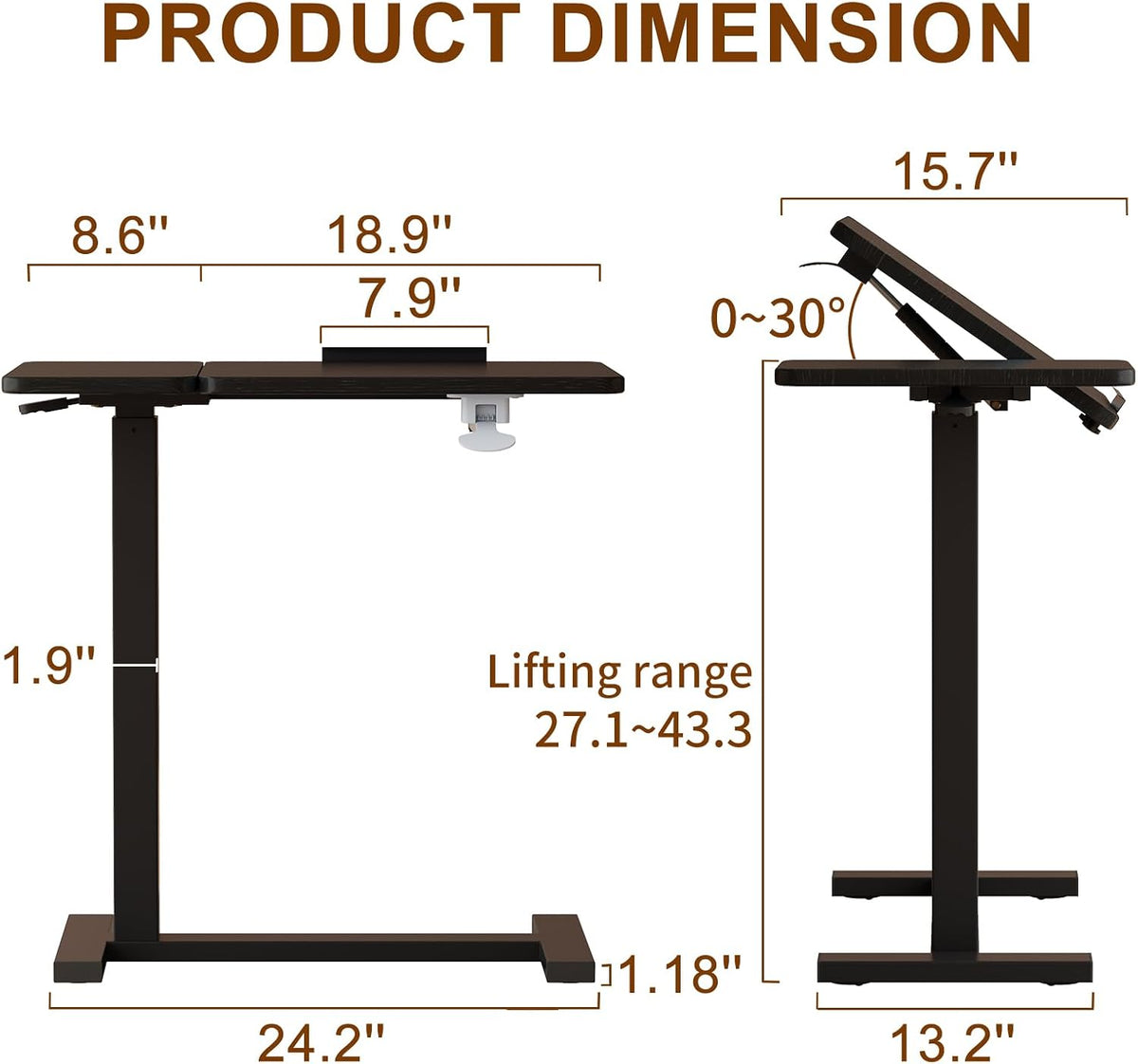 Solid Wood Hospital Bed Table with Wheels，Black - Image 2