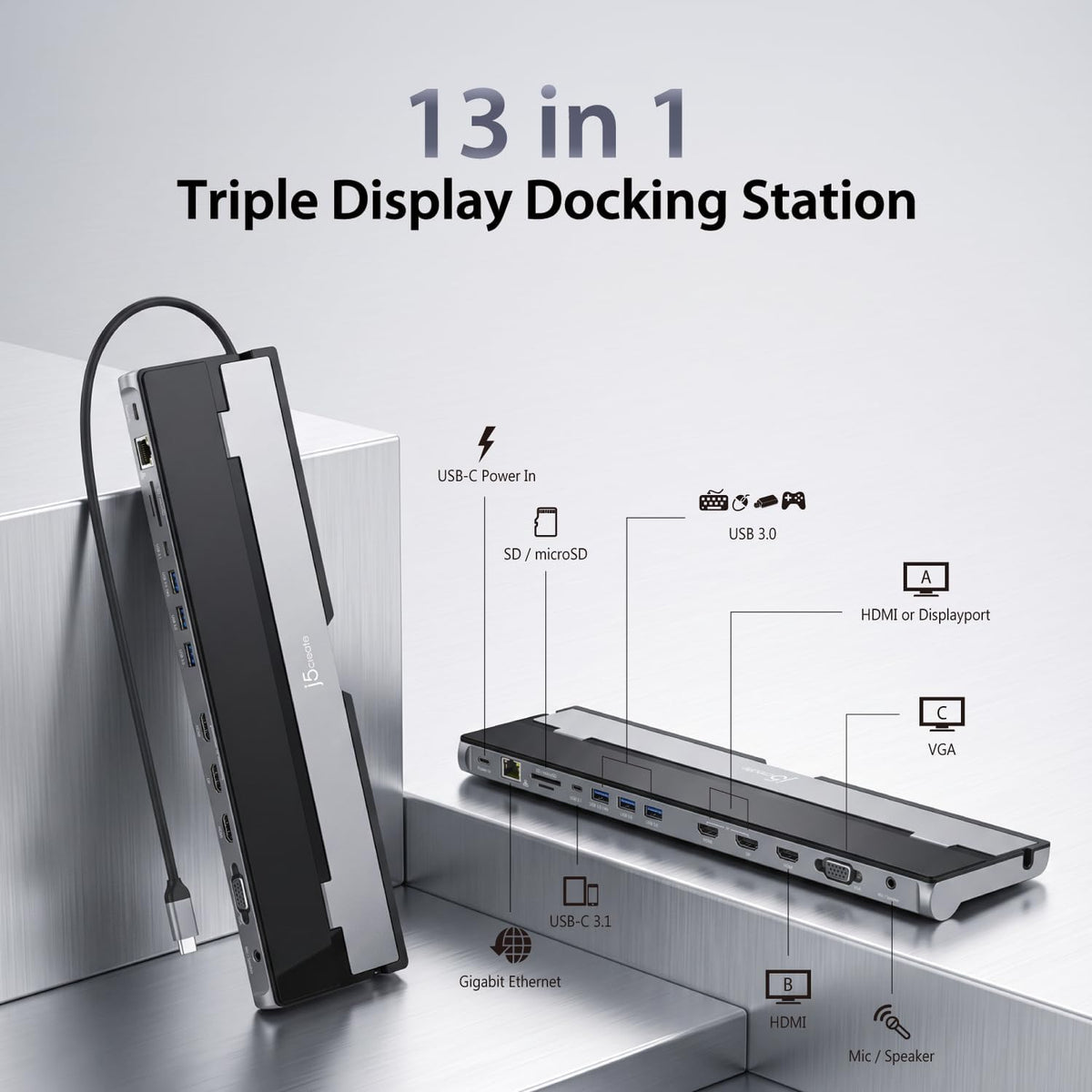 j5create USB C Docking Station- Supports up to 3 Display Simultaneously - Image 2