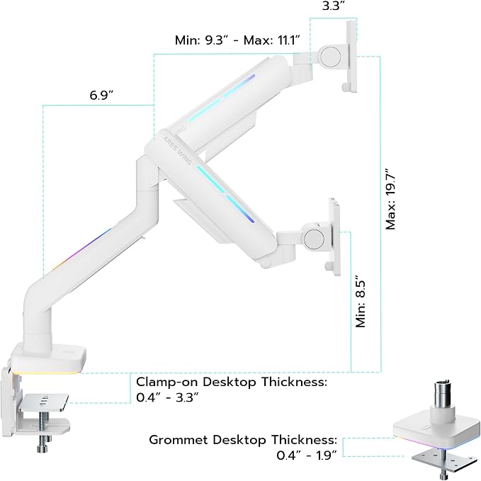 ARES WING Ultrawide Monitor arm with RGB for 17-49 Inch Screen, White | Heavy Duty Gas Spring Single Monitor Arm, Adjustable Gaming Computer Monitor Arm for Desk up to 44lbs - Image 9