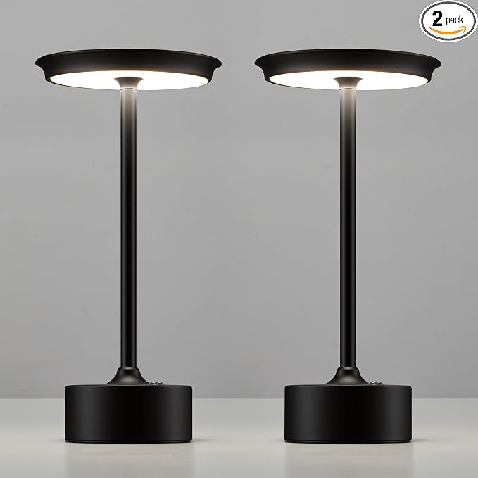 PUSU Rechargeable Table Lamps Set of 2, Black Cordless Portable Desk Lamp | 4000mAh Battery, Stepless Dimming & 3 Color 2700K-6000K, LED Lamp for Bedroom, Living Room, Restaurant, Outdoor, Night Light by PUSU