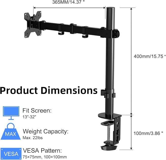 Pholiten Single Monitor Arm Desk Mount, Holds Screens up to 32 inch,Holds Up to 22lbs,Fully Adjustable Stand with C-Clamp and Grommet Base,100x100 Vesa Monitor Stand | Holds Screens up to 32 inch, Holds Up to 22lbs, Fully Adjustable Stand, C-Clamp and ... - Image 2