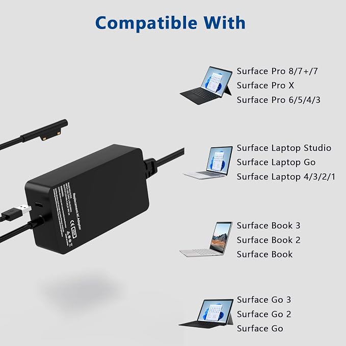 Replacement for Surface Pro Charger 65w | Compatible with Microsoft Surface Pro 11, 10, 9, 8, 7+, 7, 6, 5, 4, 3, X, Surface Laptop 7/6/5/4/3/2/1, Surface Go Book 2/1 - Image 6