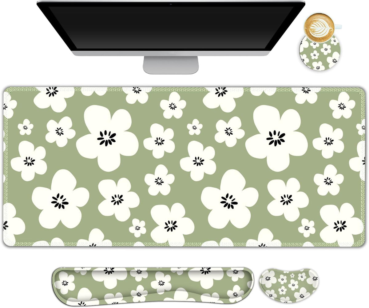 Large Gaming Mouse Pad Set, 4 in1 Ergonomics Keyboard Desk Mat w/Memory Foam Wrist Rest, Computer Extended Game Mousepad, Non-Slip Desk Matt Pad Easy Typing Pain Relief I Green Lucky Florals by NXZGO