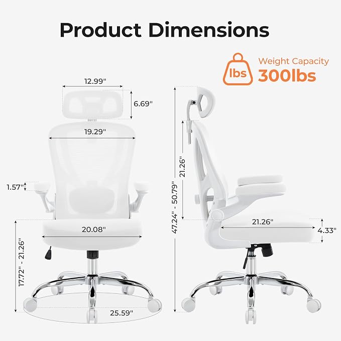 Office Chair Ergonomic Office Chair, Mesh Desk Chair, White, 1 PK | Lumbar Support, Head Support, Rocking Function, Flip-up Armrests, Mesh High Back, Suitable for Home Office - Image 2