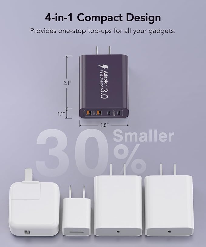 [2-Pack] 40W USB C Charger Block, 4-Port Type C Fast Charging Brick Dual PD&QC Wall Plug Adapter Power Brick for iPhone 13/14/15/16/17 Pro Max Plus/iPad/Airpods/iwatch/Samsung Galaxy (Purple) - Image 6