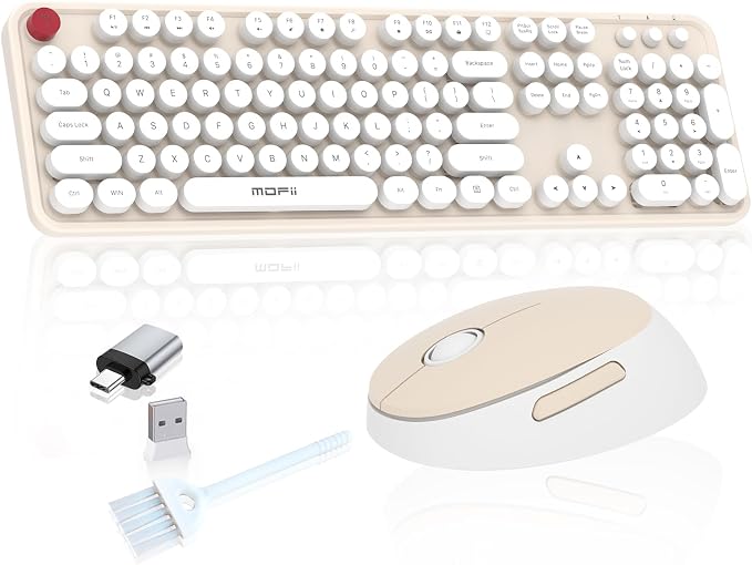 Wireless Keyboard Mouse, 104 Keys Cute Colorful Typewriter Creamy White | With OTG & Long Clean Bruch,Compatible With All windows and Type C Computer,1600DPI,Ideal For PC, Home, Office and College by COOFUN