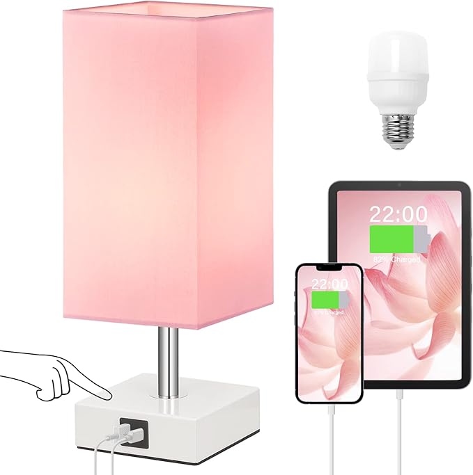 Pink Touch Table Lamp for Bedroom - Dimmable, USB C+A, Girls Bedside Lamp | 3-Way Dimmable, 3000K LED Bulb Included, Square Pink Shade White Base, Cute Room Decor for Teen Girls, Kids, Nightstand, Desk by Ambimall