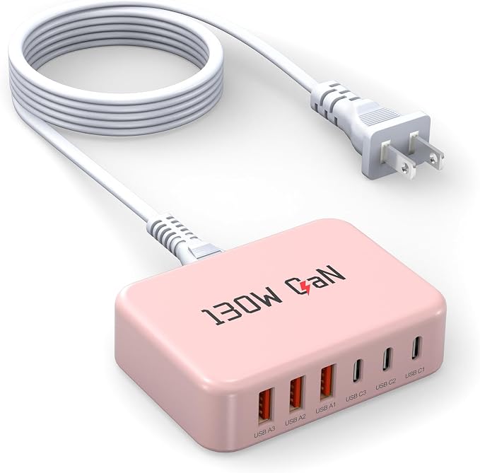 130W USB C Charger Block GaN 6 Port Fast USB C Charging Station for iPhone | Power Strip Adapter Plug for iPhone17 16 15 14 13 12 Pro Max/iPad/ iPad mini/Pro Galaxy S26/S25/S24/S23 5ft Power Cord-Pink by Unknown