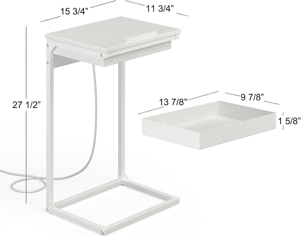 C Shaped End Table with Charging Station, 45° Tiltable Adjustable Flip Top Side Table with Storage,Small C Table for Small Spaces,Slide Under Couch Sofa Bedside Table for Living Room,White - Image 3