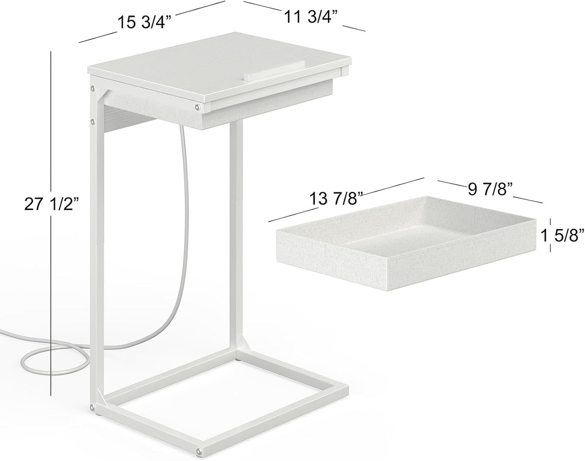 C Shaped End Table with Charging Station, 45° Tiltable Adjustable Flip Top Side Table with Storage,Small C Table for Small Spaces,Slide Under Couch Sofa Bedside Table for Living Room,White - Image 3
