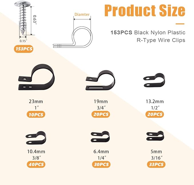 mankk 306PCS Cable Clips Assortment Kit Nylon R-Type Wire Mount Clamps | 6 sizes: 3/16,1/4,3/8,1/2,3/4,1 inch, Nylon Plastic cable clamps with screws for cable management - Image 2