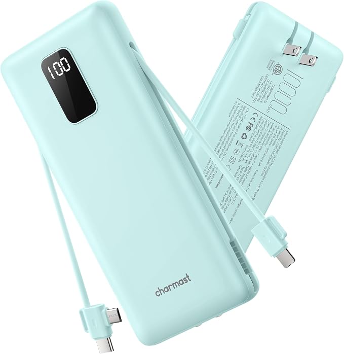 charmast 10000mAh Portable Charger with Built-in Cables and AC Wall Plug | Slim All-in-One USB-C Power Bank, Charge Up to 4 Devices at Once, Travel Essential, Compatible with iPhone, Samsung, Android by charmast