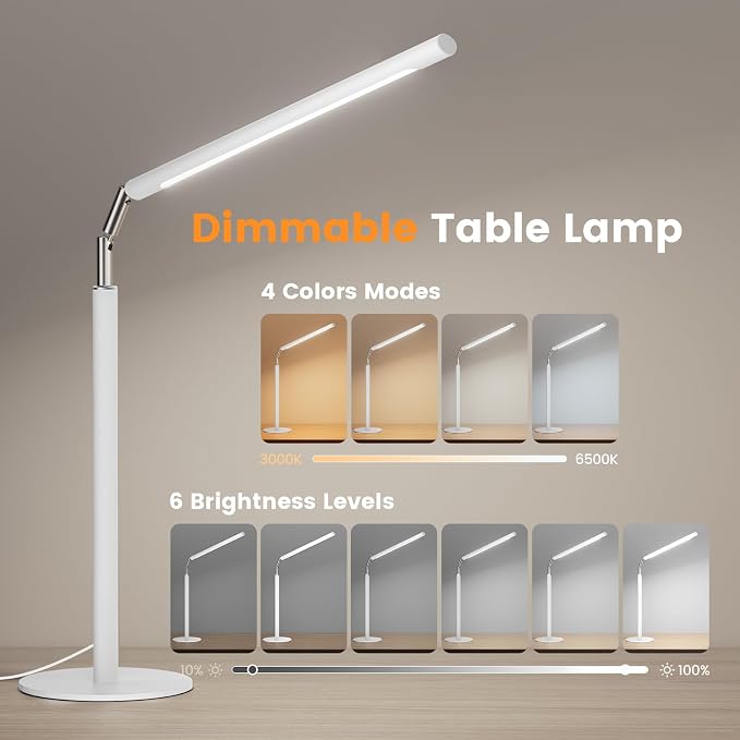 White LED Desk Lamp, 16" Dimmable Metal Desk Light with Base, 15W 1200LM, Adapter Included, Color & Brightness Adjustable, Modern Tall Table Lamp for Home Office Reading Study Task Laptop - Image 2