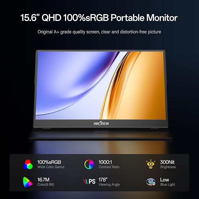 InnoView 2K Portable Monitor for Laptop 15.6" 2560×1440 QHD 100% sRGB Built-in Speaker USB C Standard HDMI External Second Screen for Mac Laptop Phone PS4/5 Xbox Switch - Image 2