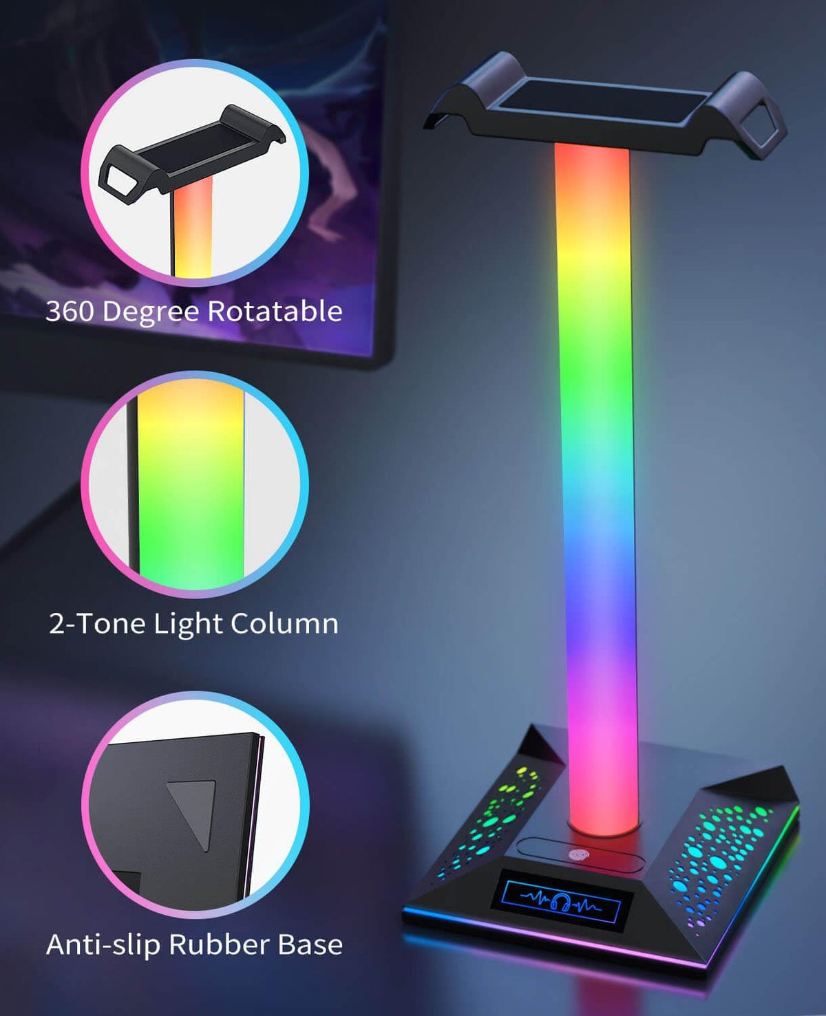 RGB Gaming Headset Stand, LED Headset Holder with 3 Charging Ports (2 USB & 1 Type-C) & 10 Lighting Modes, Headphone Stand Cool Stuff for Boys, Desk PC Gaming Accessories Gifts for Gamers Men Adult - Image 5