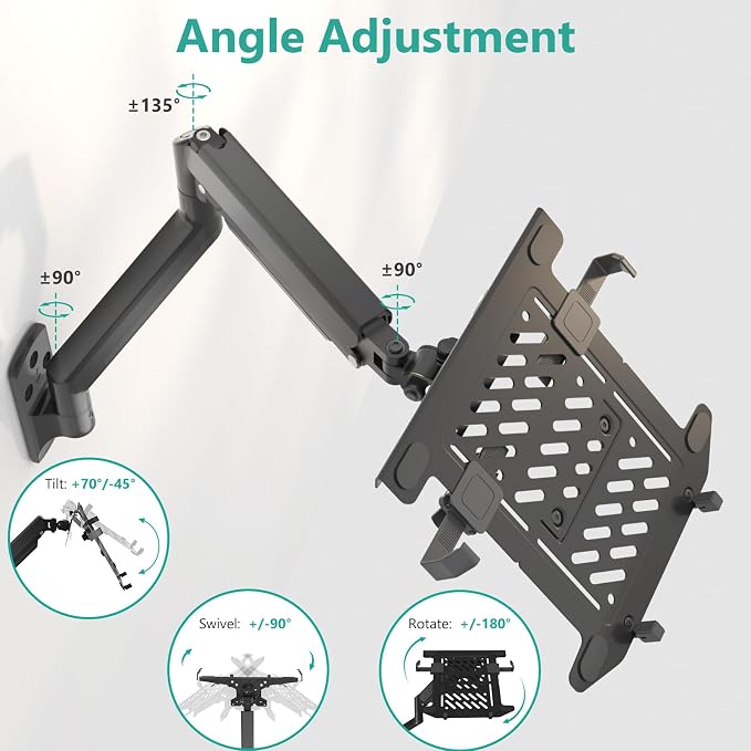 WALI Laptop Wall Mount for 17" Notebook and Up to 32" Screen | Full Motion Adjustable Monitor Wall Arm with Laptop Tray, VESA 75x75/100x100mm, Up to 15.4-22 Lbs (GSWM001LP), Black - Image 3