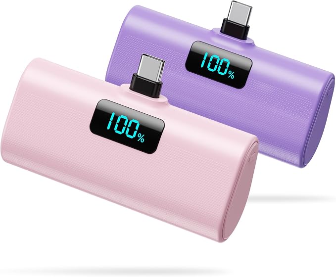 [2-Pack]Portable Charger for iPhone 16/15 Series,5200mAh PD USB C Power Bank Built-in USB-C Connector,Battery Pack Compatible with iPhone 16/16 Plus/16 Pro/16 Pro Max/15 Series,Android (Pink+Purple) by HETP