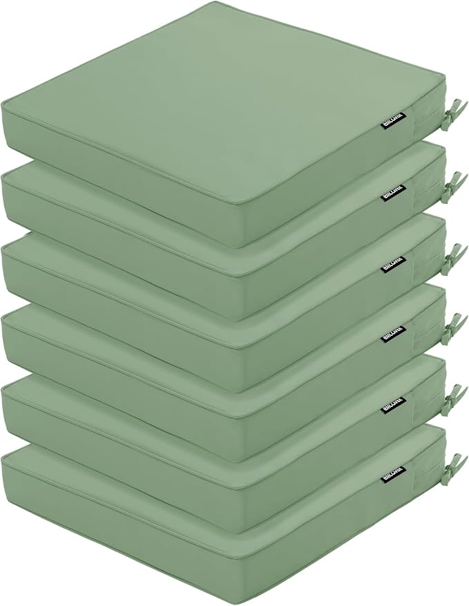 Outdoor Chair Cushions Set of 6, 19 x 19 x 3 Inch Seat Pads | Waterproof Patio Chair Cushions with Tie, Fade Resistant Cushions for Outdoor Furniture Garden Lawn, Sage Green by COMCAVER