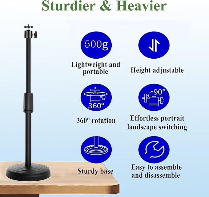 Webcam Stand with Phone Holder, Adjustable Height Desk Camera Mount for Logitech C920 C922 C925e C930e, 1/4" Threaded Desktop Tripod Stand for Live Streaming, Video Conferencing, Online Classes - Image 4